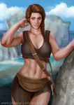  assassin&#039;s_creed assassin&#039;s_creed:_odyssey assassin&#039;s_creed_(series) assassin's_creed assassin's_creed:_odyssey assassin's_creed_(series) braid breasts brown_eyes brown_hair kassandra long_hair looking_at_viewer medium_breasts navel ocean parted_lips patreon sky smile solo standing sword water watermark weapon ynorka 