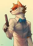  2017 5_fingers anthro blue_eyes canine clothed clothing dog falvie fur hair holding_object holding_weapon mammal orange_fur orange_hair simple_background smile solo weapon white_background 