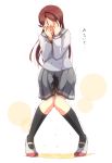  azukilib black_legwear blush covering_face embarrassed female full_body grey_sailor_collar grey_skirt hair_ornament hairclip hands_up have_to_pee japanese_text kneehighs knees-together_feet_apart long_hair long_sleeves looking_at_viewer love_live! love_live!_school_idol_project miniskirt nose_blush open_mouth peeing peeing_self pigeon-toed pleated_skirt puddle red_footwear red_hair red_neckwear sailor_collar sakurauchi_riko school_uniform serafuku shirt shoes simple_background skirt solo standing sweat talking tears translation_request white_background white_shirt yellow_eyes 