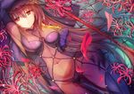  bodysuit breasts covered_navel dying_(dying0414) fate/grand_order fate_(series) flower gae_bolg highres long_hair lying on_back pauldrons petals polearm purple_bodysuit purple_hair red_eyes scathach_(fate)_(all) scathach_(fate/grand_order) solo spear spider_lily veil weapon 