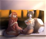  5_fingers anthro brown_eyes brown_hair canine clothed clothing detailed_background dog duo eyes_closed female fluffy fluffy_tail fox hair kneeling kyotokisha15 mammal smile 