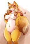  2017 anthro areola bangs blonde_hair breasts canine cheek_tuft female fluffy fluffy_tail fox fur gloves_(marking) gradient_background hair hairclip holding_tail long_hair looking_at_viewer mammal markings navel nipples nude pink_eyes setouchi_kurage simple_background slightly_chubby smile solo standing thick_thighs tuft white_fur yellow_fur 