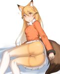  animal_ears ass blush breasts ezo_red_fox_(kemono_friends) fox_ears fox_tail kemono_friends long_hair mathew_(srmmk_mce) open_mouth orange_hair panties pantyhose red_eyes skirt small_breasts solo tail underwear upskirt white_background white_panties 