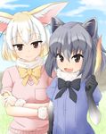  :3 :d animal_ears arm_at_side black_bow black_hair black_neckwear blonde_hair blurry blush bow bowtie breasts brown_eyes closed_mouth common_raccoon_(kemono_friends) crossed_arms day depth_of_field eyebrows_visible_through_hair fang feathers fennec_(kemono_friends) fox_ears hair_between_eyes head_tilt highres holding_feather kemono_friends looking_at_viewer medium_breasts multicolored_hair multiple_girls open_mouth outdoors pink_sweater puffy_short_sleeves puffy_sleeves raccoon_ears short_sleeve_sweater short_sleeves smile sweater two-tone_hair v-shaped_eyebrows white_hair yamamoto_rintaro yellow_bow yellow_neckwear 