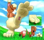  anthro black_eyes blush buneary cute day feet female foot_focus grass lagomorph low-angle_view macro mammal nintendo open_mouth outside pok&eacute;ball pok&eacute;mon sky smile solo video_games xptzstudios 