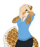  anthro blonde_hair clothed clothing feline female fluffy fluffy_tail green_eyes hair kyotokisha15 leopard mammal pink_nose simple_background solo teeth tongue white_background 