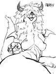 anthro black_and_white blush breasts chest_tuft claws dragon english_text female fur furred_dragon hair_over_eyes horn jijis-waifus monochrome nipple_bulge oh-jiji open_mouth smile solo text thick_thighs tuft wings 