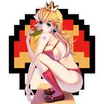  bikini blonde_hair blue_eyes blush breast_press breasts commentary_request crown full_body highres kneehighs large_breasts long_hair mario_(series) mary_janes masao mouth_hold mushroom princess_peach red_bikini revision shiny shiny_skin shoes sideboob solo squatting star striped striped_bikini striped_legwear super_mario_bros. swimsuit tan tanline tattoo 