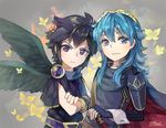  1girl angry black_hair blue_eyes blue_hair cape dark_pit fire_emblem fire_emblem:_kakusei kid_icarus kid_icarus_uprising long_hair looking_at_viewer lucina red_eyes short_hair smile super_smash_bros. tiara toasterkiwi wings 