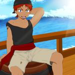 1boy blue_eyes blush boat male_focus ocean pirate red_hair scar sitting solo tattoo tongue tongue_out water young 