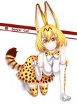  absurdres all_fours animal_ears bangs blonde_hair boots bow breasts character_name elbow_gloves eyebrows_visible_through_hair gloves hanging_breasts highres japari_symbol kedama_(nexusnnn) kemono_friends looking_at_viewer medium_breasts paw_pose serval_(kemono_friends) serval_ears serval_print serval_tail shiny shiny_hair shiny_skin shirt short_hair skirt sleeveless sleeveless_shirt smile solo tail thigh_boots thighhighs underwear white_background yellow_eyes yellow_skirt 