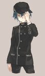  adjusting_clothes adjusting_hat baseball_cap blue_hair brown_background cowboy_shot danganronpa gakuran green_eyes hat male_focus new_danganronpa_v3 saihara_shuuichi school_uniform signature solo striped toujou_sakana 