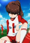  arm_rest blue_eyes blue_sky blurry brown_hair cloud day depth_of_field freckles highres jcm2 looking_to_the_side lynn_loud multiple_girls ponytail short_shorts shorts sitting sky smile soccer_uniform socks solo_focus sportswear spread_legs the_loud_house 