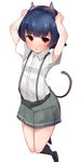  absurdres adjusting_headwear alternate_headwear animal_ears arare_(kantai_collection) arched_back black_hair blouse boruhis brown_eyes cat_ears cat_tail chestnut_mouth fake_animal_ears full_body hairband highres kantai_collection looking_at_viewer miniskirt school_uniform short_hair short_sleeves skirt solo suspenders tail white_blouse 
