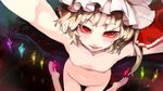  blush check_commentary commentary_request fangs flandre_scarlet flat_chest hat highres looking_at_viewer looking_up mob_cap nipples sinzan smirk solo touhou vampire wings 