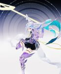  1girl armor blue_hair boots breasts fate/prototype:_fragments_of_blue_and_silver fate/protoype fate_(series) gauntlets lancer_(fate/prototype_fragments) purple_eyes skirt spear very_long_hair weapon 