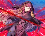  armor bad_id bad_pixiv_id bodysuit breasts fate/grand_order fate_(series) gae_bolg highres holding holding_weapon large_breasts long_hair ogata_aki open_mouth pauldrons polearm purple_bodysuit purple_hair red_eyes scathach_(fate)_(all) scathach_(fate/grand_order) see-through shiny shiny_clothes shoulder_armor solo spear veil weapon 
