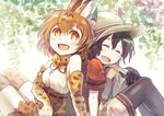  animal_ears backpack bad_id bad_pixiv_id bag black_hair brown_eyes brown_hair closed_eyes elbow_gloves gloves hat helmet kaban_(kemono_friends) kemono_friends multiple_girls open_mouth pantyhose pith_helmet serval_(kemono_friends) serval_ears serval_print serval_tail short_hair shorts sitting tail thighhighs tochibi 