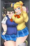  2girls black_hair blonde_hair blue_eyes blush breasts brown_eyes clothed fat galko glasses green_hair kurokaze_no_sora large_breasts long_hair looking_at_viewer multiple_girls nikuko_(galko) open_mouth oshiete!_galko-chan plump skirt spats thick_thighs twintails 