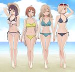  :d ahoge azuma_shihoko barefoot beach bikini black_hair blonde_hair blue_bikini blue_eyes breasts brown_hair cleavage collarbone commentary day eyewear_on_head fang hair_over_one_eye hat kamiki_uutarou kitamiya_hatsumi lineup medium_breasts midriff minamino_tsubasa mole mole_under_mouth multi-strapped_bikini multiple_girls navel nishigaki_nana open_mouth purple_eyes red_eyes short_hair side-tie_bikini small_breasts smile standing sun_hat sunglasses swimsuit teacher toes yellow_bikini yuru_yuri 