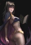  absurdres ass black_hair bodysuit book bracelet bridal_gauntlets commentary cowboy_shot fire_emblem fire_emblem:_kakusei highres jewelry long_hair looking_at_viewer parted_lips purple_eyes ragecndy solo tharja twisted_torso two_side_up 