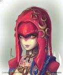  fins fish_girl gorget hair_ornament highres justin_paul lips long_hair looking_at_viewer mipha monster_girl multicolored multicolored_skin no_eyebrows no_nose red_hair red_skin solo the_legend_of_zelda the_legend_of_zelda:_breath_of_the_wild upper_body white_skin yellow_eyes zora 