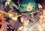  1girl blue_hair bow breasts cape cleavage closed_eyes date_a_live dutch_angle eyebrows_visible_through_hair floating_hair green_hair groin hair_bow highres hug itsuka_shidou long_hair medium_breasts natsumi_(date_a_live) navel novel_illustration official_art open_mouth see-through shirt smile star sweatdrop tsunako white_shirt 