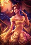  alexandra_mae banned_artist beauty_and_the_beast belle_(disney) blurry breasts brown_eyes brown_hair cleavage collarbone depth_of_field disney dress earrings elbow_gloves gloves jewelry lips looking_to_the_side medium_breasts neck signature solo sparkle watermark web_address yellow_dress yellow_gloves 