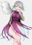  breasts cowboy_shot dress grey_background hand_to_own_mouth jacket kishin_sagume large_breasts looking_down no_panties nooca red_eyes ribbon short_hair silver_hair simple_background single_wing sketch solo touhou wings 