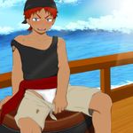  1boy blue_eyes blush boat male_focus ocean pirate red_hair scar sitting solo tattoo underwear undressing water young 