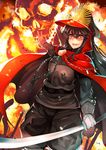  belt black_hair body_mahattaya_ginga buckle cape family_crest fate_(series) fire gloves gun hat holding holding_sword holding_weapon japanese_clothes katana koha-ace long_hair long_sleeves md5_mismatch military military_uniform oda_nobunaga_(fate) oda_uri open_mouth peaked_cap red_eyes sidelocks skeleton sword uniform very_long_hair weapon white_gloves 