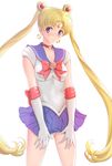  ass_visible_through_thighs bishoujo_senshi_sailor_moon blonde_hair blue_eyes blue_sailor_collar blue_skirt bow choker circlet crescent crescent_earrings earrings elbow_gloves gloves highres jewelry long_hair looking_to_the_side miniskirt pleated_skirt red_bow red_choker sailor_collar sailor_moon sailor_senshi_uniform see-through skirt solo sonota_taisei tsukino_usagi twintails very_long_hair white_background white_gloves 