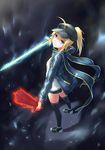  ahoge artoria_pendragon_(all) ass bangs black_buruma black_footwear black_legwear blonde_hair blue_eyes blue_jacket blue_scarf buruma closed_mouth dark_excalibur dual_wielding excalibur fate/grand_order fate_(series) glowing glowing_sword glowing_weapon hair_between_eyes hair_through_headwear highres holding holding_sword holding_weapon jacket legs_apart long_sleeves medium_hair mysterious_heroine_x name_tag open_clothes open_jacket ponytail rojiura_satsuki:_chapter_heroine_sanctuary scarf shirt shoes si_(ruanmumu) smile solo standing sword thighhighs weapon white_shirt 