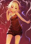  absurdres bare_arms bare_shoulders black_shorts blonde_hair camisole closed_mouth contrapposto cowboy_shot hair_ribbon head_tilt highres kaamin_(mariarose753) looking_at_viewer red_eyes red_ribbon ribbon rumia short_shorts shorts smile solo standing touhou 