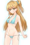  aqua_bikini bikini blonde_hair breasts cowboy_shot front-tie_top green_eyes idolmaster idolmaster_cinderella_girls jougasaki_rika long_hair looking_at_viewer navel scrunchie shunichi side-tie_bikini simple_background small_breasts smile solo standing swimsuit two_side_up white_background 