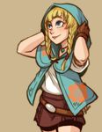  1girl alternate_costume alternate_outfit aryll aryll_(cosplay) belt blonde_hair blue_eyes braid brown_gloves buckle gem linkle necklace nintendo shorts_under_skirt the_legend_of_zelda the_legend_of_zelda:_the_wind_waker twin_braids 