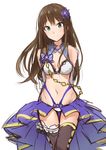  adapted_costume arms_behind_back bare_shoulders blue_dress boots bow breasts brown_hair chain cleavage commentary_request dress eyebrows_visible_through_hair flower frilled_dress frills garters green_eyes hair_flower hair_ornament highres idolmaster idolmaster_cinderella_girls long_hair panties shibuya_rin sketch small_breasts smile stage_of_magic takeashiro thigh_boots thigh_gap thighhighs underwear white_background white_panties 