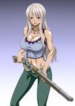  1girl bare_shoulders belt blue_eyes blush breasts cleavage gradient_background green_pants grey_hair highres holding holding_weapon large_breasts legs long_hair looking_at_viewer midriff navel necklace nel-zel_formula nico_olvia one_piece pants parted_lips pearl_necklace shiny shiny_skin silver_hair simple_background sleeveless smile solo standing thighs weapon 