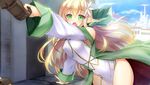  1girl blonde_hair blue_sky brown_gloves cape day elf flower gloves green_cape green_eyes hair_flower hair_ornament holding_hands lapis_(x-overd) leaning_forward long_hair long_sleeves looking_at_viewer official_art open_mouth outdoors pointy_ears protagonist_(x-overd) sky standing takeda_aranobu wide_sleeves x-overd 