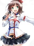  amami_haruka blush brown_hair choker feathers flower green_eyes hair_flower hair_ornament hair_ribbon idolmaster idolmaster_(classic) idolmaster_movie microphone open_mouth outstretched_arm ribbon short_hair shunichi skirt smile solo starpiece_memories 