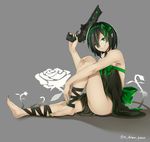  black_hair bow destiny_(game) e_draw_paint fang green_eyes grey_background gun hair_bow highres looking_at_viewer nail_polish personification short_hair sitting smile solo thorn_(destiny) toenail_polish twitter_username weapon 