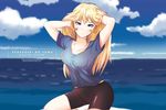  bike_shorts blonde_hair blue_sky breasts character_name closed_mouth cloud copyright_name day expressionless hands_in_hair highres long_hair medium_breasts moe2017 nakiri_erina ocean rezoonicz shokugeki_no_souma sky solo thighs water 