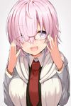  :d adjusting_eyewear ahoge blush breasts brown-framed_eyewear commentary_request eyes_visible_through_hair fate/grand_order fate_(series) glasses grey_background grey_jacket hair_over_one_eye haruken jacket long_sleeves looking_at_viewer mash_kyrielight medium_breasts necktie open_clothes open_jacket open_mouth pink_eyes pink_hair red_neckwear shiny shiny_hair short_hair simple_background smile solo tareme upper_body wing_collar 