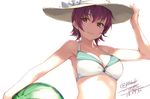  adapted_costume alternate_costume armpits ball bare_shoulders bikini_top blush breasts collarbone dated hand_on_headwear hat kantai_collection kinu_(kantai_collection) medium_breasts orange_eyes red_hair rokuwata_tomoe short_hair smile solo sun_hat twitter_username upper_body 