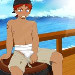  1boy blue_eyes blush boat bulge erection male_focus nipples ocean pirate red_hair scar sitting solo tattoo topless underwear undressing water young 