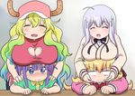  &gt;:( 3: 3girls :d ^_^ baseball_cap blank_eyes blonde_hair blush breast_rest breasts breasts_on_head cleavage_cutout closed_eyes commentary_request cross_hair_ornament crossover dragon_girl dragon_horns frown gabriel_dropout gradient_hair hair_ornament hat horns huge_breasts knives_(knives777) kobayashi-san_chi_no_maidragon large_breasts magatsuchi_shouta multicolored_hair multiple_girls open_mouth quetzalcoatl_(maidragon) revision school_uniform season_connection shiraha_raphiel_ainsworth silver_hair smile tenma_gabriel_white trait_connection v-shaped_eyebrows 