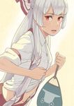  arm_garter bad_id bad_pixiv_id bangs clothes_grab fan fujiwara_no_mokou hair_ribbon half_updo long_hair navel open_mouth p_no_hito paper_fan pyonta red_eyes revision ribbon shirt silver_hair solo sweat touhou tress_ribbon uchiwa white_hair white_shirt 