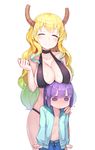  1girl ^_^ bikini black_bikini black_hair blonde_hair blue_eyes breast_rest breasts breasts_on_head cleavage closed_eyes green_hair highres horns kobayashi-san_chi_no_maidragon large_breasts long_hair magatsuchi_shouta newey purple_eyes quetzalcoatl_(maidragon) simple_background skindentation sling_bikini_top smile swimsuit very_long_hair white_background 