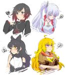  ahoge black_hair blake_belladonna blonde_hair blue_eyes blush breasts cape_removed cleavage commentary iesupa jacket medium_breasts multicolored_hair multiple_girls purple_eyes red_hair ruby_rose rwby scarf shy silver_eyes small_breasts weiss_schnee white_hair yang_xiao_long yellow_eyes 