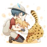  animal_ears animal_print backpack bag black_hair black_legwear blonde_hair blush bow bowtie cross-laced_clothes dokka_no_kuni_no_kokuou elbow_gloves extra_ears eyebrows_visible_through_hair gloves hat hat_feather helmet high-waist_skirt hug kaban_(kemono_friends) kemono_friends multiple_girls open_mouth pantyhose pantyhose_under_shorts pith_helmet red_shirt serval_(kemono_friends) serval_ears serval_print serval_tail shirt shoes short_hair shorts skirt sleeveless sleeveless_shirt smile tail thighhighs wavy_hair 